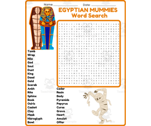 EGYPTIAN MUMMIES & MUMMIFICATION Word Search Puzzle Worksheet Activity
