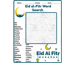 Eid al-Fitr Word Search 2nd 3rd 4th 5th Grade Worksheet Activity