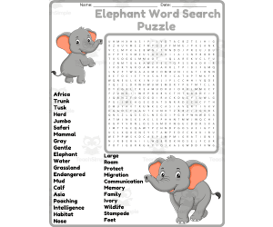 Elephant Word Search Puzzle Worksheet Activities (1st, 2nd, 3rd & 4th