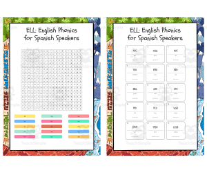 ELL English Phonics for Spanish Speakers word search, scramble and cro