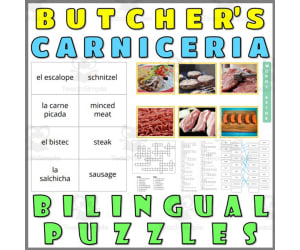 English Spanish Vocabulary Flash Cards Worksheets Puzzles BUTCHER