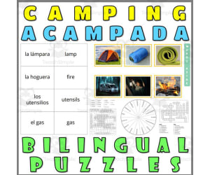 English Spanish Vocabulary Flash Cards Worksheets Puzzles CAMPING