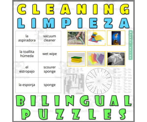 English Spanish Vocabulary Flash Cards Worksheets Puzzles CLEANING