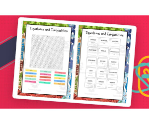 Equations and Inequalities word search, scramble and crossword puzzle