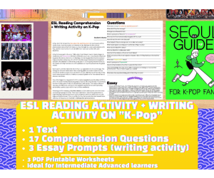 ESL Reading Comprehension + Essay Worksheet on K-Pop