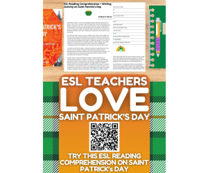 ESL Reading Comprehension + Essay Worksheet on Saint Patrick's Day