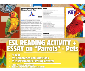 ESL Reading Comprehension + Writing Activity - Parrots - Pets - Animal