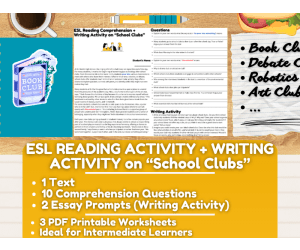 ESL Reading Comprehension + Writing Activity Worksheet on School Clubs