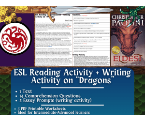 ESL Reading Comprehension + Writing Activity Worksheets on "Dragons"