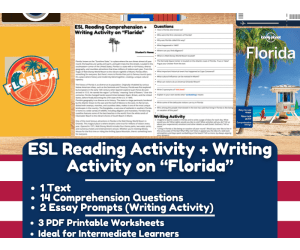 ESL Reading Comprehension + Writing Activity Worksheets on Florida