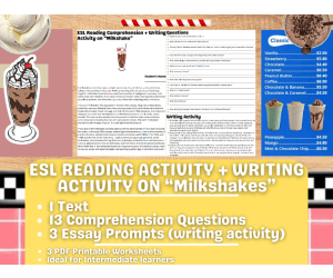 ESL Reading Comprehension + Writing Activity Worksheets on "Milkshake"