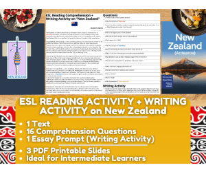 ESL Reading Comprehension + Writing Activity Worksheets on New Zealand