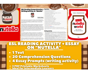 ESL Reading Comprehension + Writing Activity Worksheets on Nutella