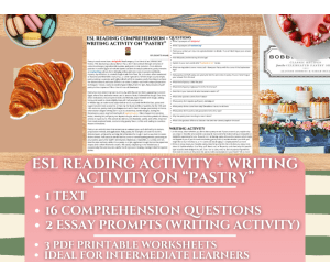 ESL Reading Comprehension + Writing Activity Worksheets on Pastry