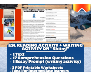 ESL Reading Comprehension + Writing Activity Worksheets on "Skiing"