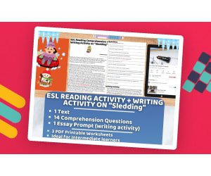 ESL Reading Comprehension + Writing Activity Worksheets on Sledding