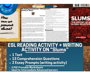 ESL Reading Comprehension + Writing Activity Worksheets on "Slums"
