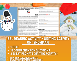 ESL Reading Comprehension + Writing Activity Worksheets on "Snowman"
