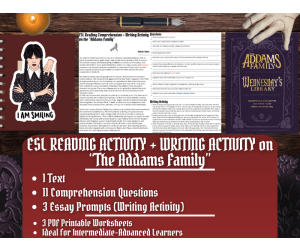 ESL Reading Comprehension + Writing Activity Worksheets on the Addams