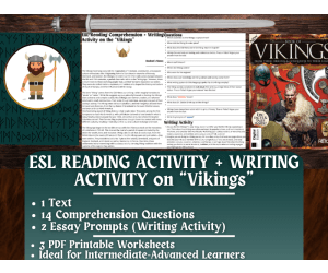 ESL Reading Comprehension + Writing Activity Worksheets on Vikings