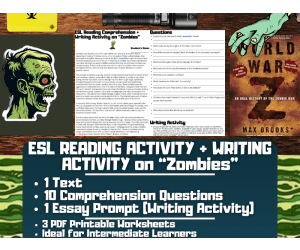 ESL Reading Comprehension + Writing Activity Worksheets on "Zombies"