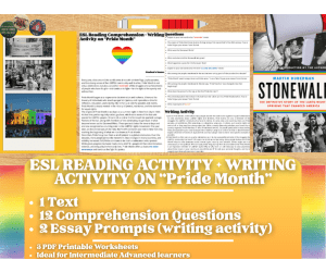 ESL Reading Comprehension + Writing Activity Worksheets - Pride Month