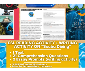 ESL Reading Comprehension + Writing Activity Worksheets - Scuba Diving