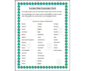 Europe Map Scavenger Hunt