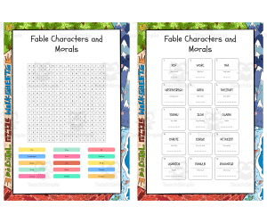 Fable Characters and Morals word search, scramble and crossword puzzle