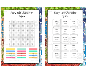 Fairy Tale Character Types word search, scramble and crossword puzzle