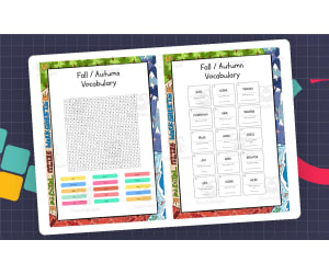 Fall Autumn Vocabulary word search, scramble and crossword puzzle