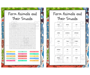 Farm Animals and Their Sounds word search, scramble and crossword