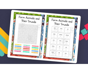 Farm Animals and Their Sounds word search, scramble and crossword