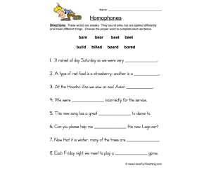 Fill in the Blank Homophones Worksheet