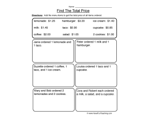 Find the Total Price Worksheet