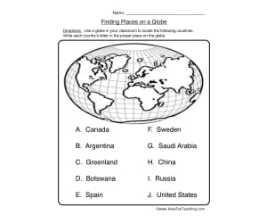 Finding Places on a Globe Worksheet