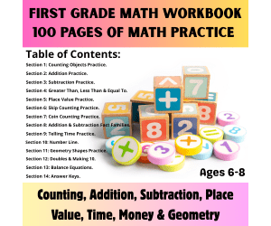 First Grade Math Workbook, Back to School Math Review, 100 Pages