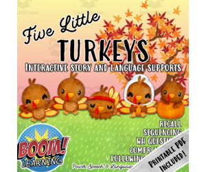 Five Little Turkeys, BOOM Cards Speech Therapy, Thanksgiving, WH Questions, PDF included