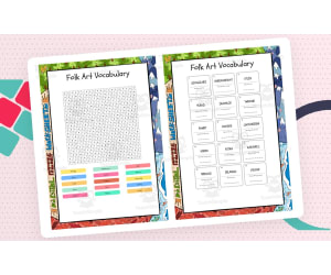 Folk Art Vocabulary word search, scramble and crossword puzzle