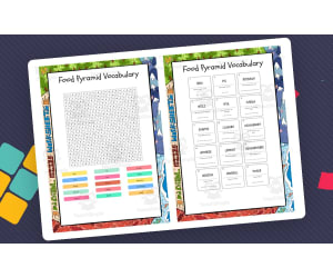 Food Pyramid Vocabulary word search, scramble and crossword puzzle