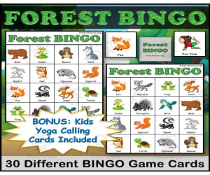 Forest Animals Bingo Game with Both Picture and Kids Yoga Pose Calling Cards Included