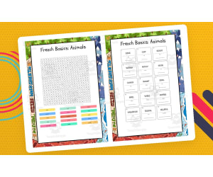 French Basics Animals word search, scramble and crossword puzzle