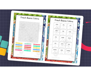 French Basics Colors word search, scramble and crossword puzzle