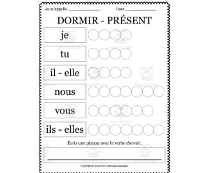 French: Dormir Present Tense Worksheet
