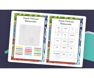 French Food and Restaurants word search, scramble and crossword puzzle