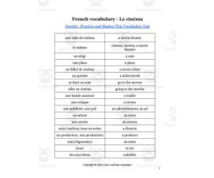 French: "Movie Theater" Advanced Conversations - Questions + Vocabulary List