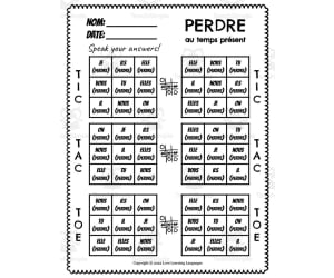 French: Perdre Present Tense Tic Tac Toe Game