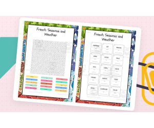 French Seasons and Weather word search, scramble and crossword puzzle