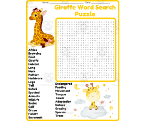 Giraffe Word Search Puzzle Worksheet Activities (1st, 2nd, 3rd & 4th