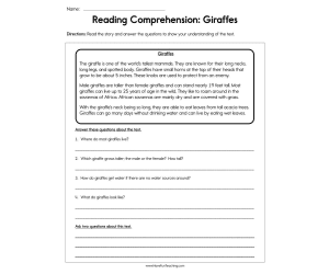 Giraffes Reading Comprehension Worksheet